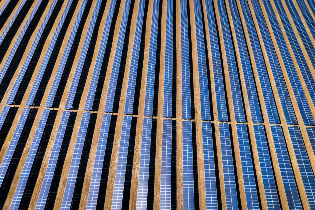 Drone shot of solar panels in Castalia, NC, showcasing renewable energy infrastructure.